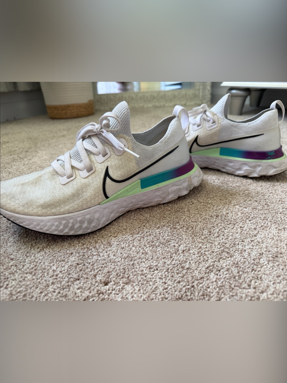 Nike White Women's React Running Shoes with Iridescent Teal-Purple Accent